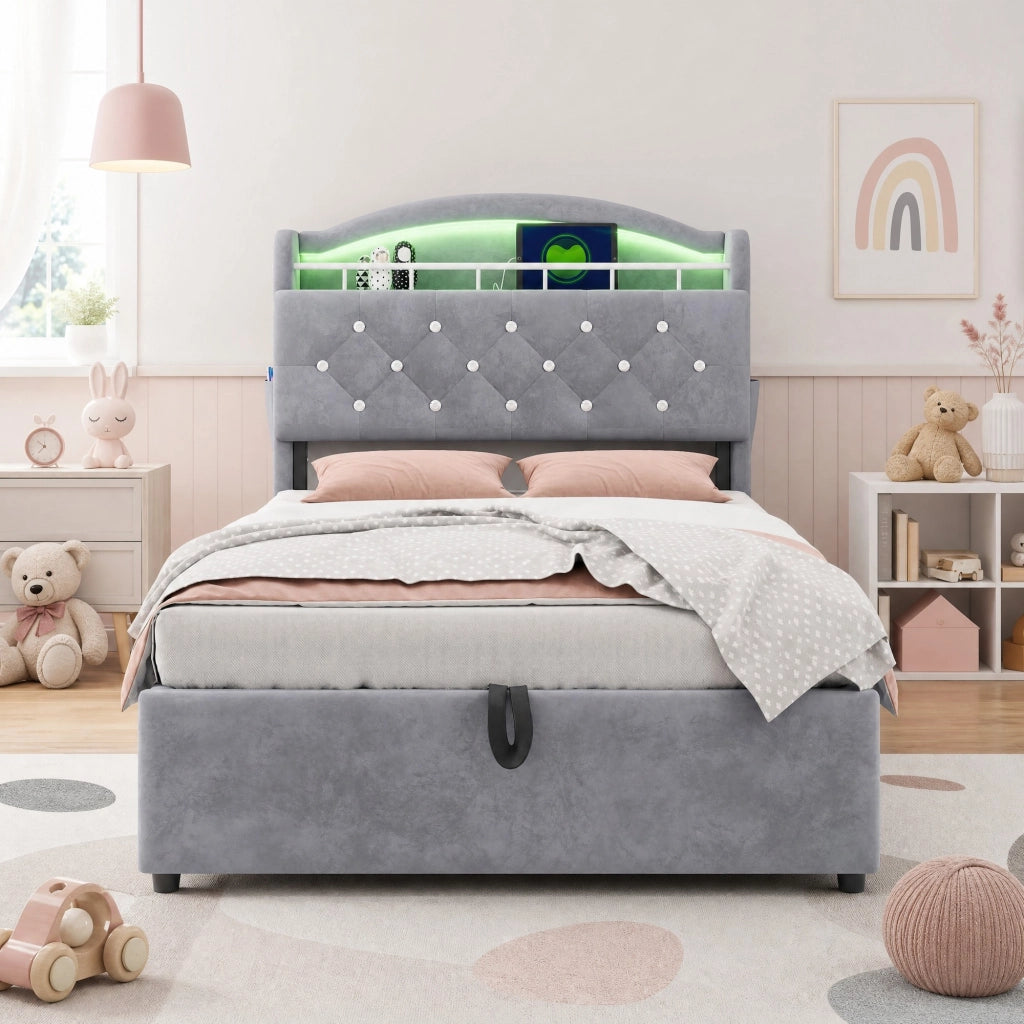 Letto imbottito per bambini 90x200 con contenitore, LED e USB