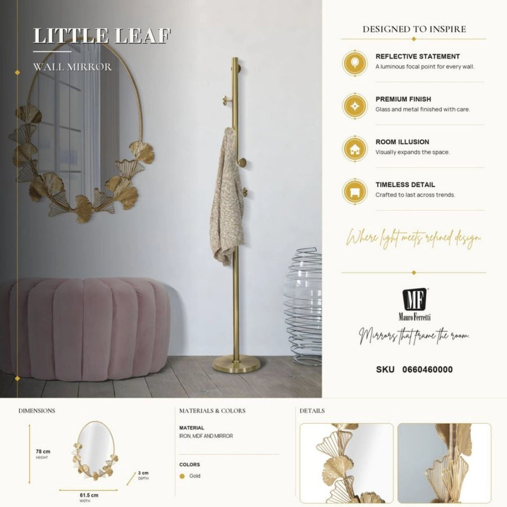 Specchio da parete Little Leaf con cornice in ferro dorato e foglie