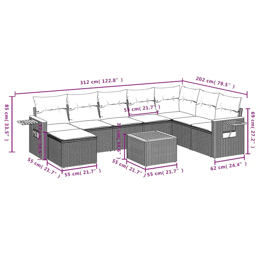Set Divani da Giardino 9 pz con Cuscini Grigio in Polyrattan 3227097