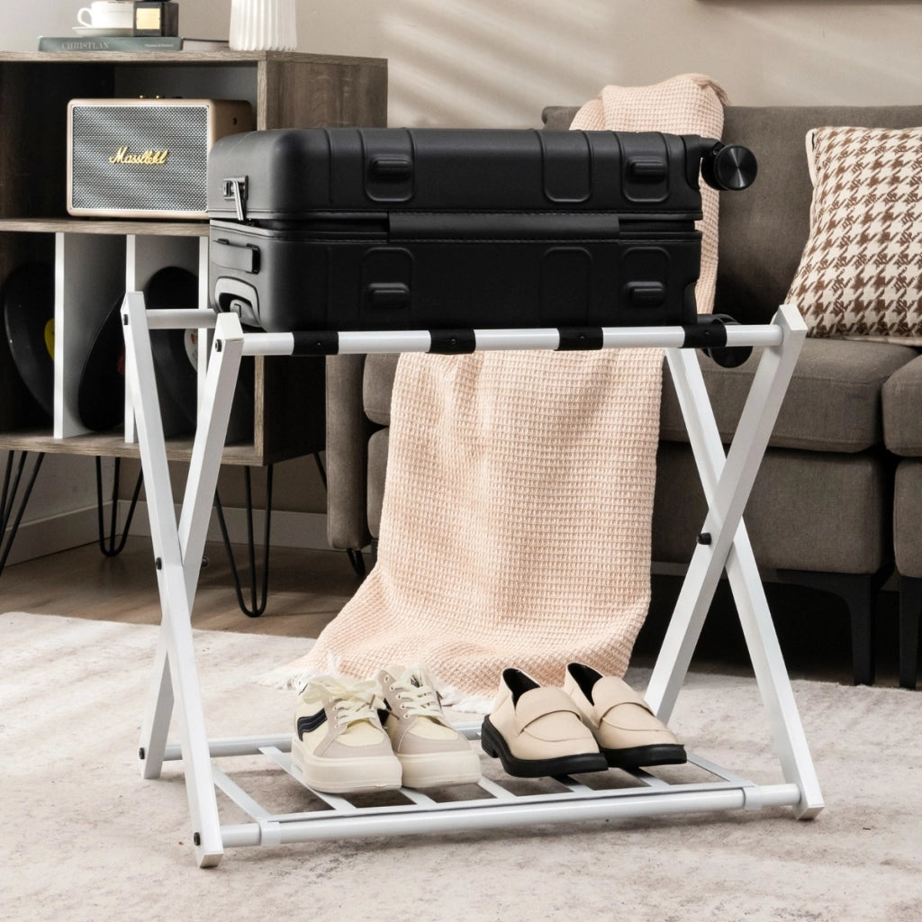 Portapacchi in ferro con spazio superiore inferiore, Supporto per bagagli pieghevole 68x43x56cm Bianco-Attrezzatura da campeggio