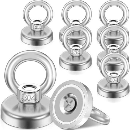 Magnetodi Neodymium 55 kg Extra Forte - Grande - Rotonda con Occhio - Gancio - Foro - Occhiomagnetico per Armadi - Navi - 8 Pezzi