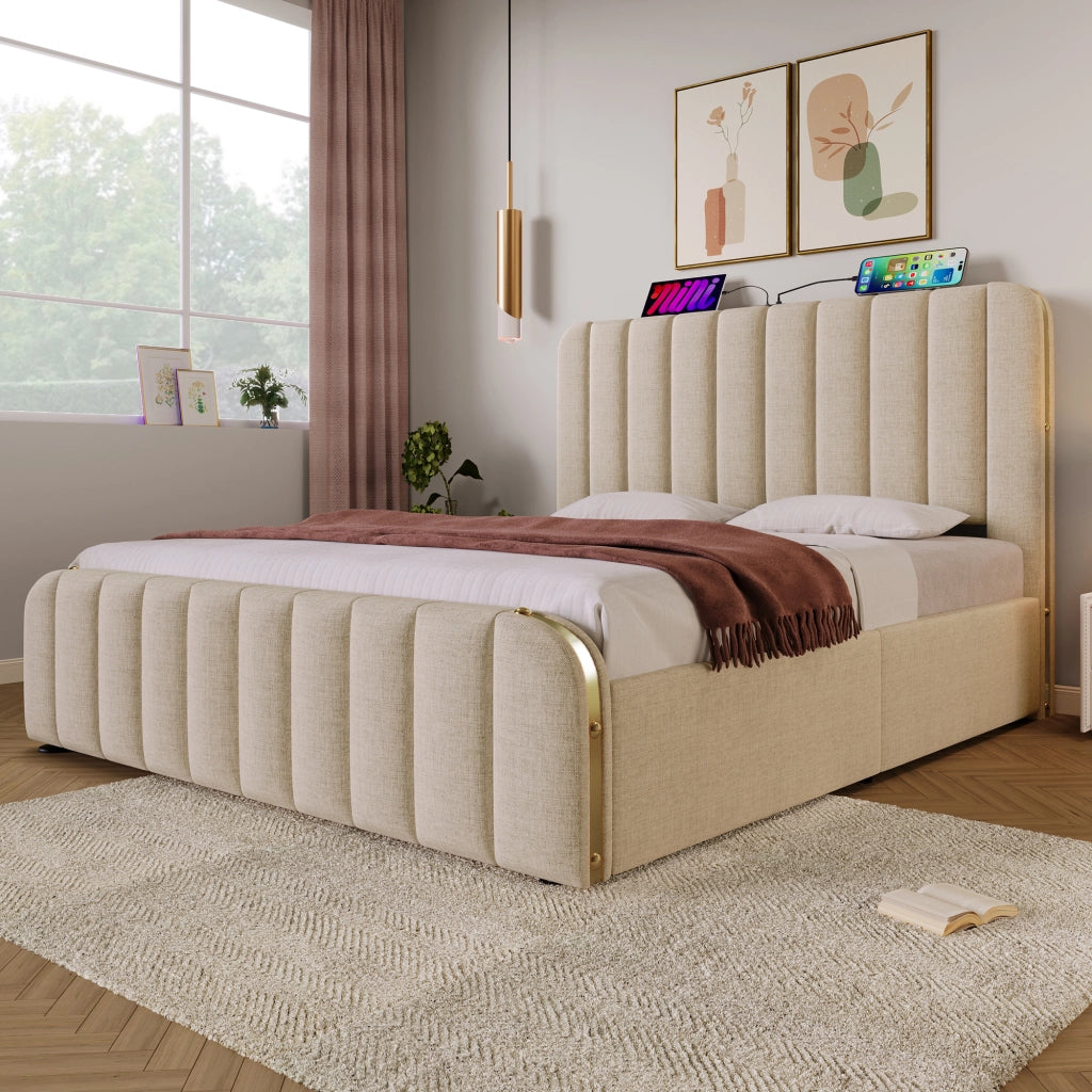 LETTO matrimoniale 140x200 cm in lino beige con USB Type-C e 4 cassetti