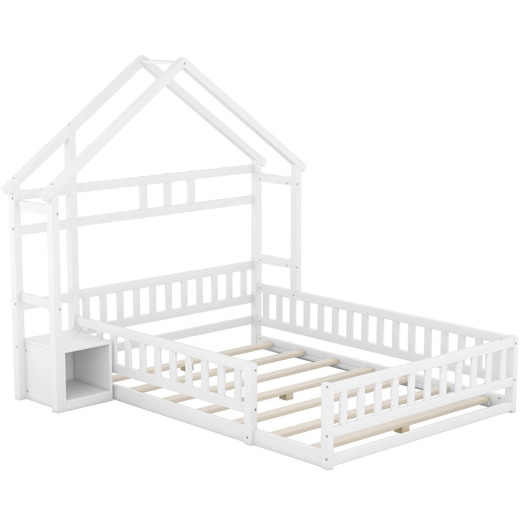 Letto per bambini a forma di casa 140x200 cm con sponda e comodino, bianco