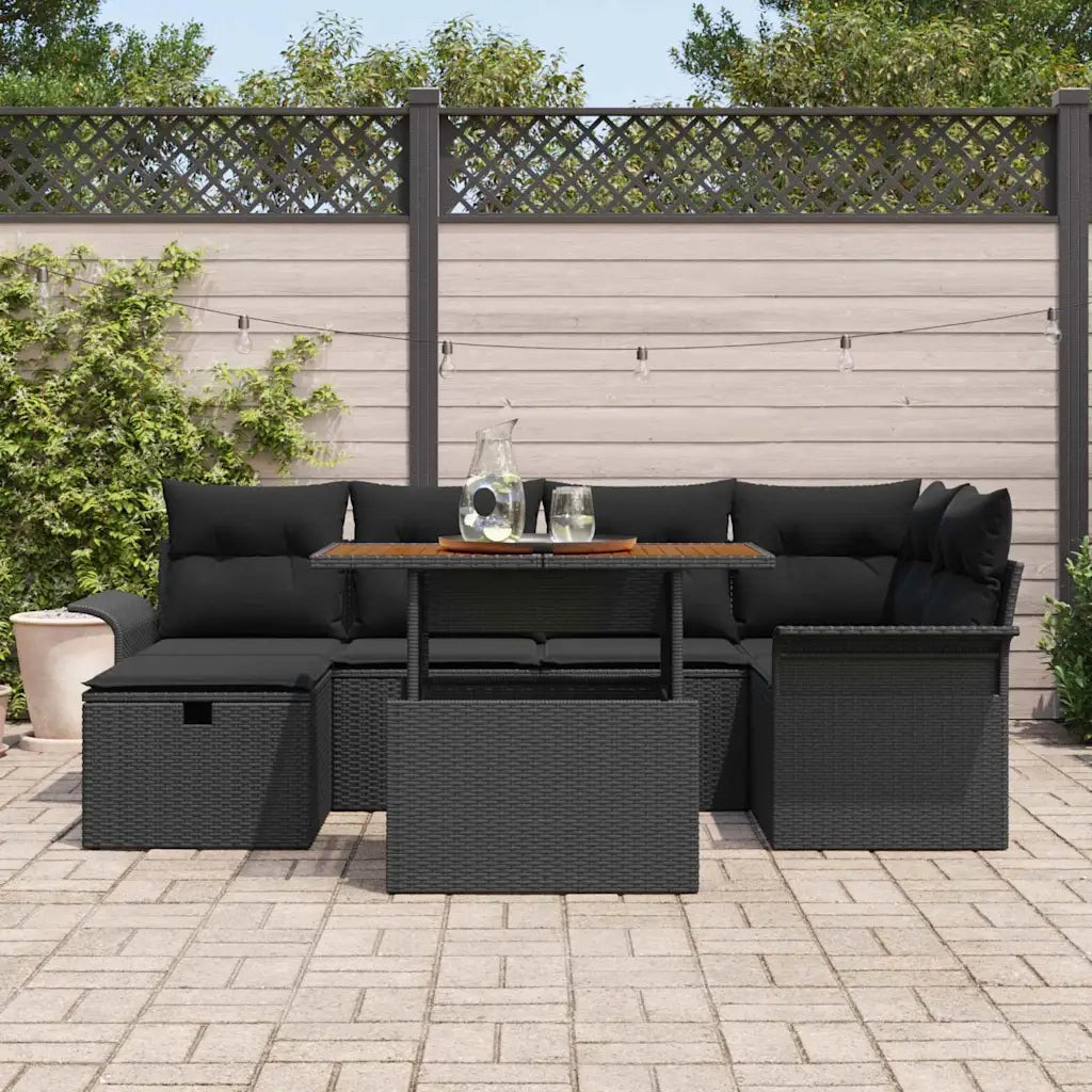 Set Divano da Giardino con cuscino 7 pcs Nero polyrattan