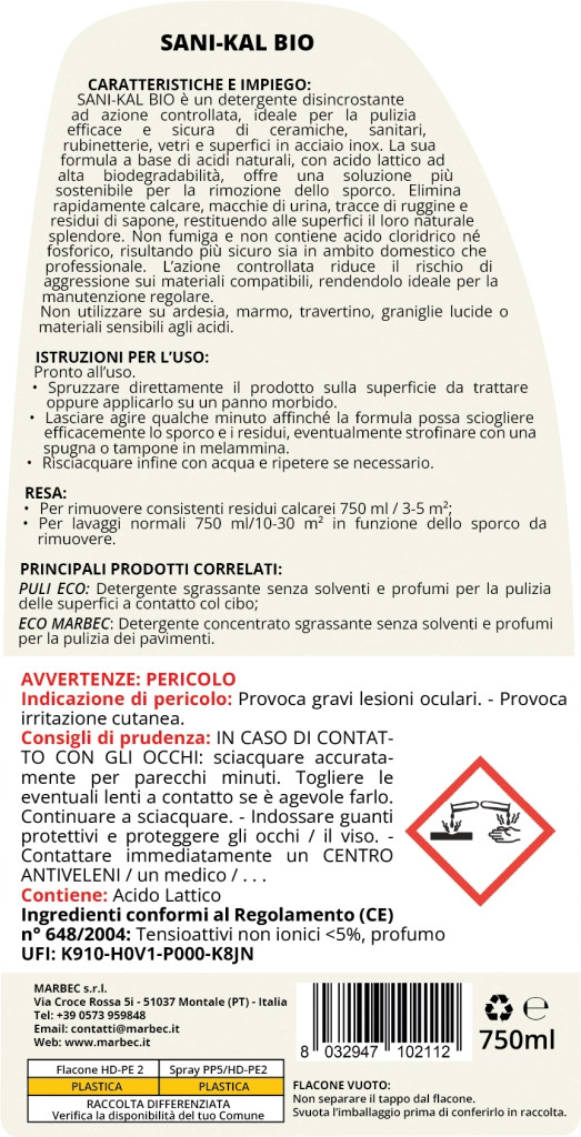 Detergente anticalcare delicato, pulizia efficace e brillantezza duratura Marbec SANI-KAL BIO - 750ML