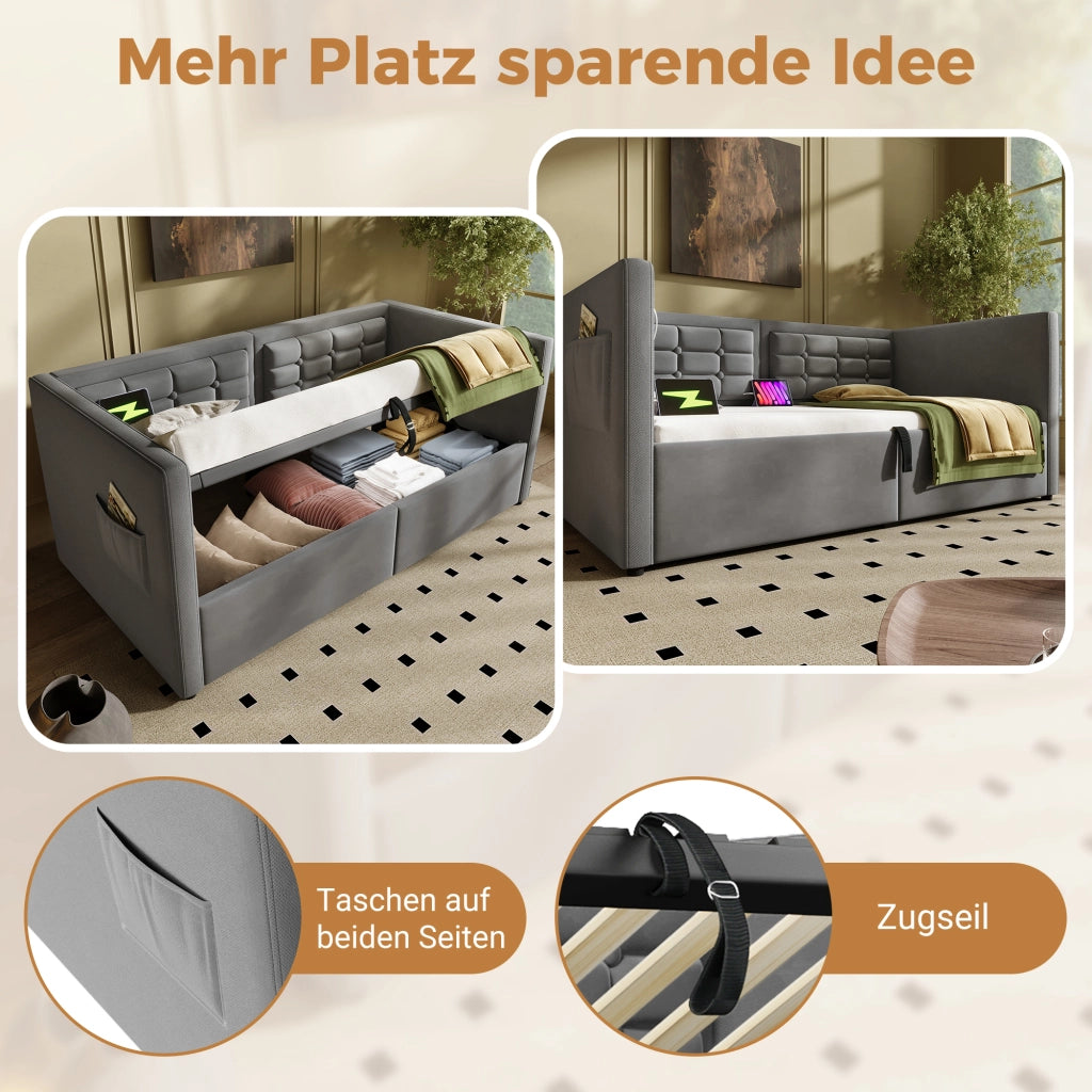 LETTO Divano letto 90x200 cm in velluto grigio con contenitore e USB Type-C