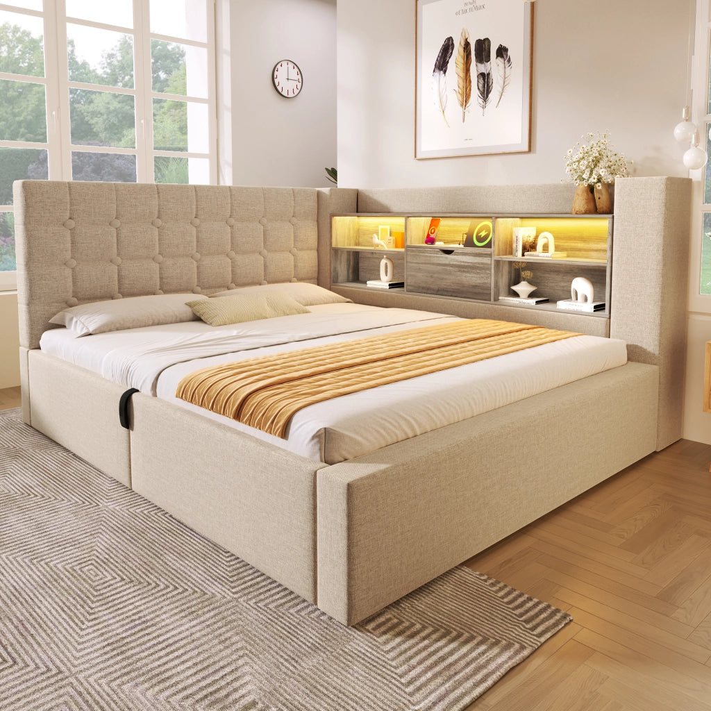 LETTO 140x200 cm con LED, USB e contenitore idraulico, Lino Beige