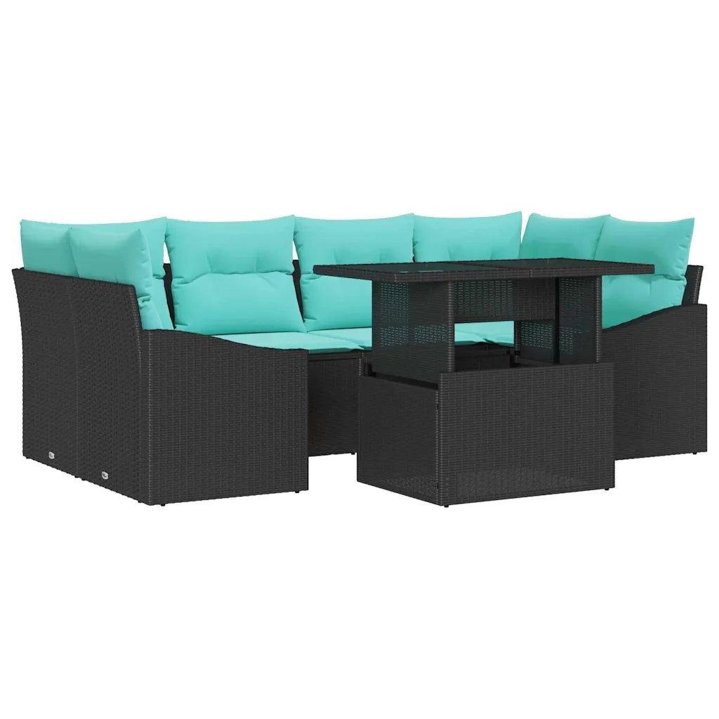 Set Divano da Giardino con cuscino 7 pcs Nero e Blu Poly Rattan 3348942