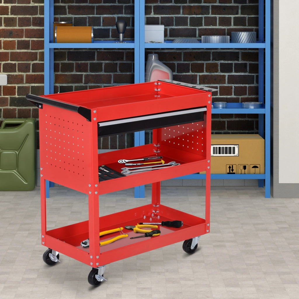 Carrello per attrezzi con 3 vassoi e cassetto ¨C Minimal ¨C Ruote con freni, pannello laterale perforato, rosso