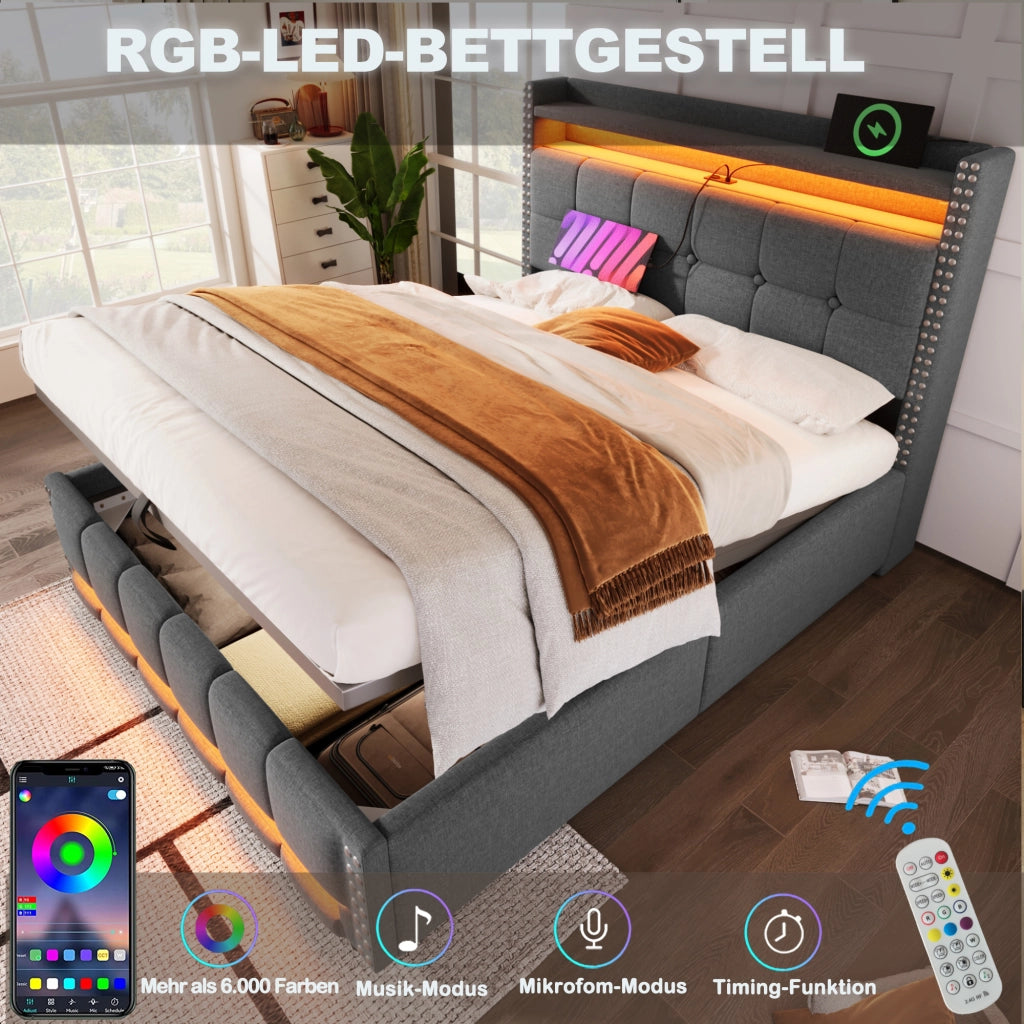 LETTO imbottito 160x200 cm grigio con LED, USB e contenitore