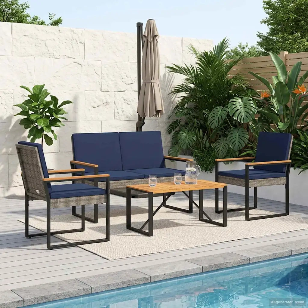 Set Mobili da Esterno 4 pz | Set Salotto da Giardino Grigio e Blu Navy polyrattan