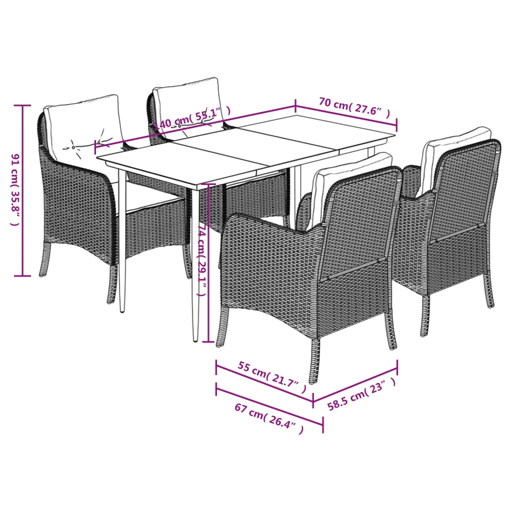 Set da Pranzo da Giardino 5 pz Nero con Cuscini in Polyrattan 3211908