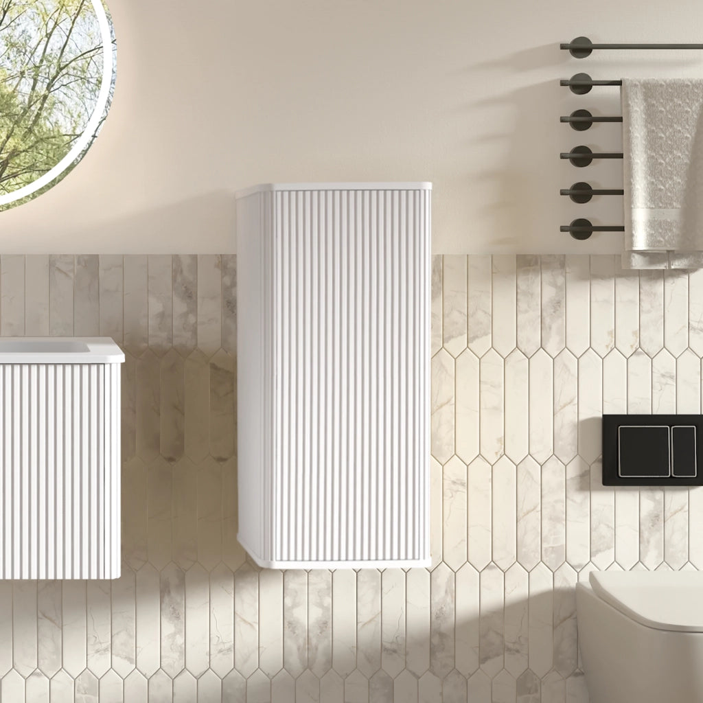 Mobile sottolavabo con lavabo e colonna bagno, con 2 elementi e vani contenitore, per bagno moderno, bianco