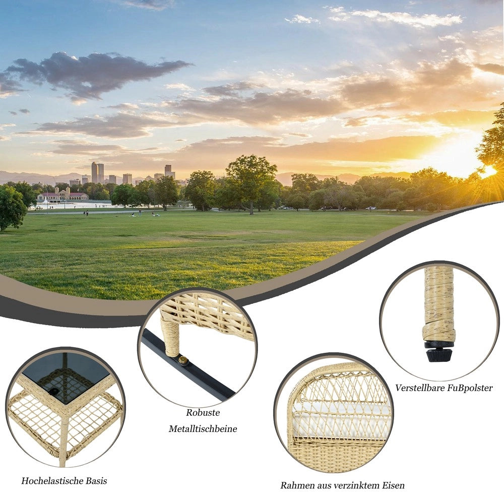 Set da balcone in rattan - Zephmum- 3 pezzi con dondolo e cuscini beige, portata 160 kg