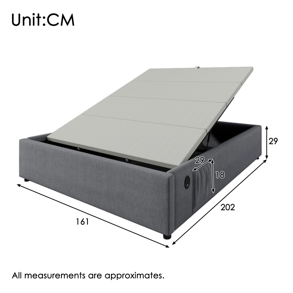 LETTO Contenitore 160x200 cm Grigio con USB Type-C senza testiera