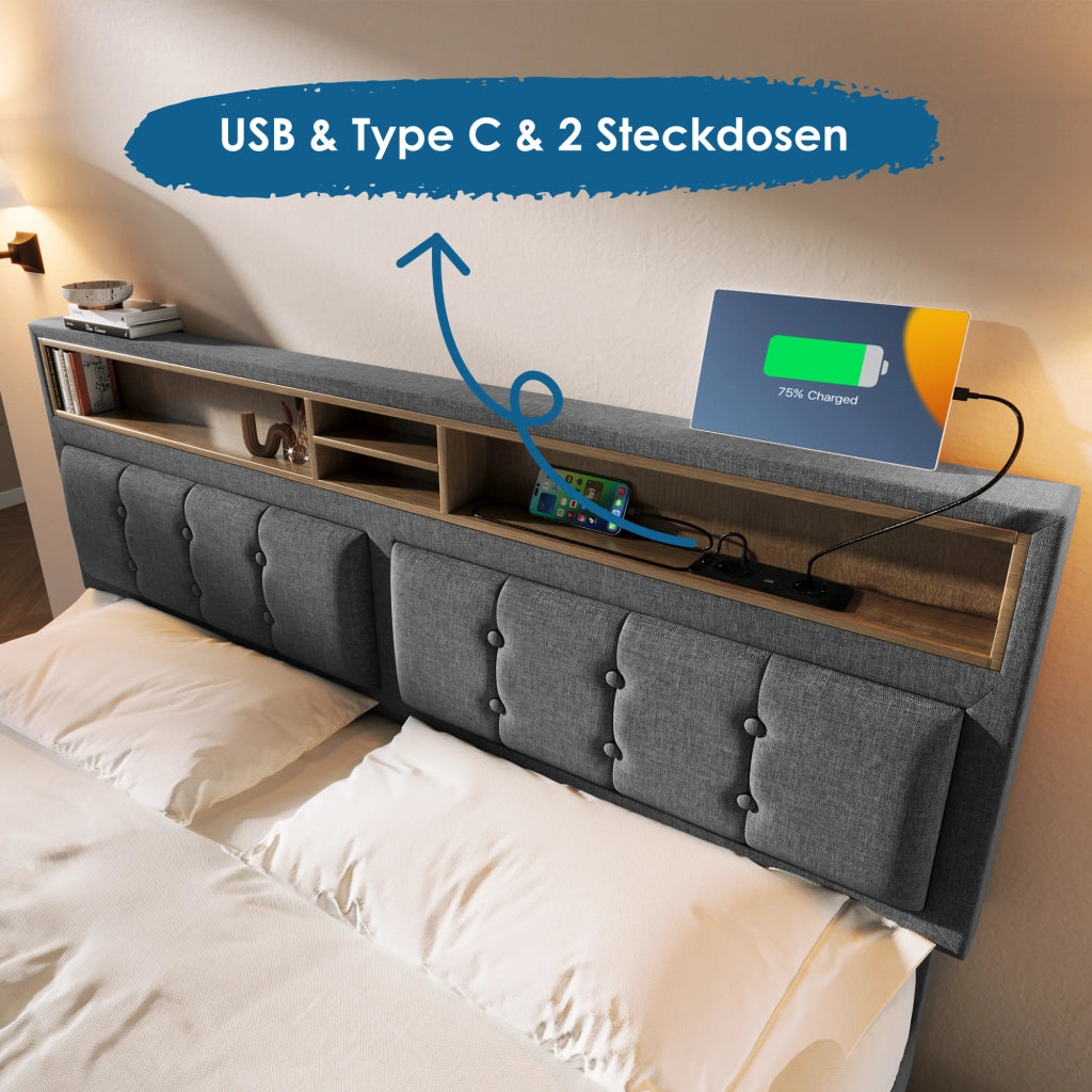 LETTO Imbottito 140x200 cm in Lino Grigio con testiera regolabile e USB