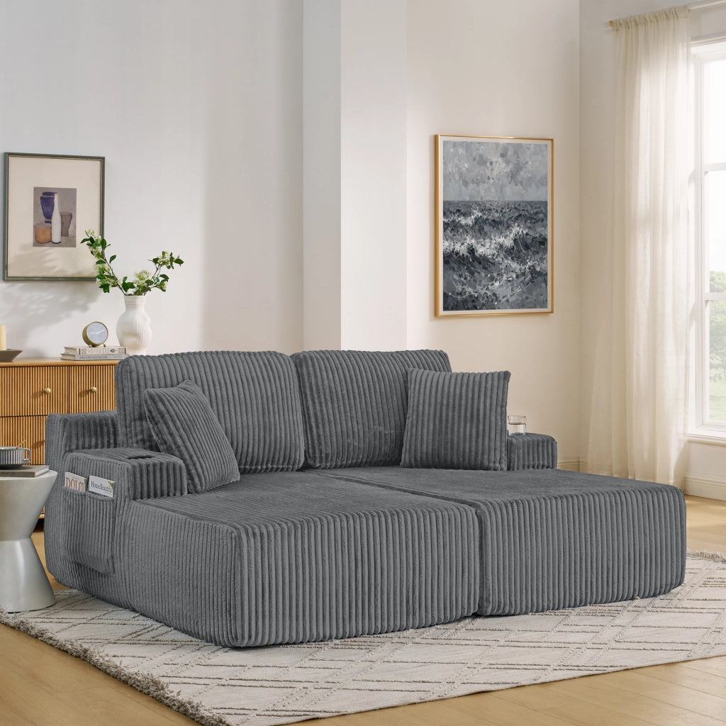 Divano Letto 2 Posti Relax ¨C MINIMAL ¨C Grigio, Velluto a Coste, con Cuscini