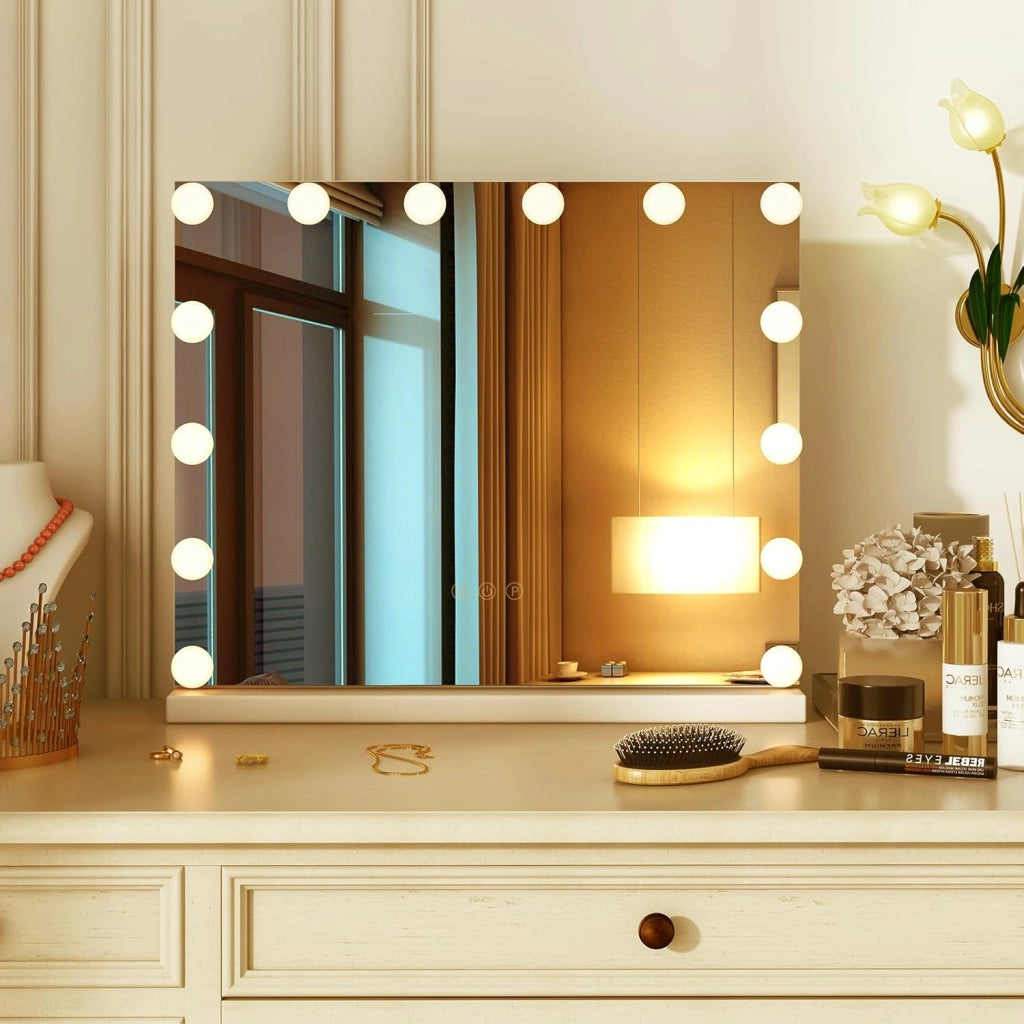 Specchio per Trucco Illuminato, Specchio da Tavolo con 14 Luci LED e Specchio con Ingrandimento 5X, Specchio da Toeletta con 3 Colori e Luminosità Regolabile, 50x43 cm