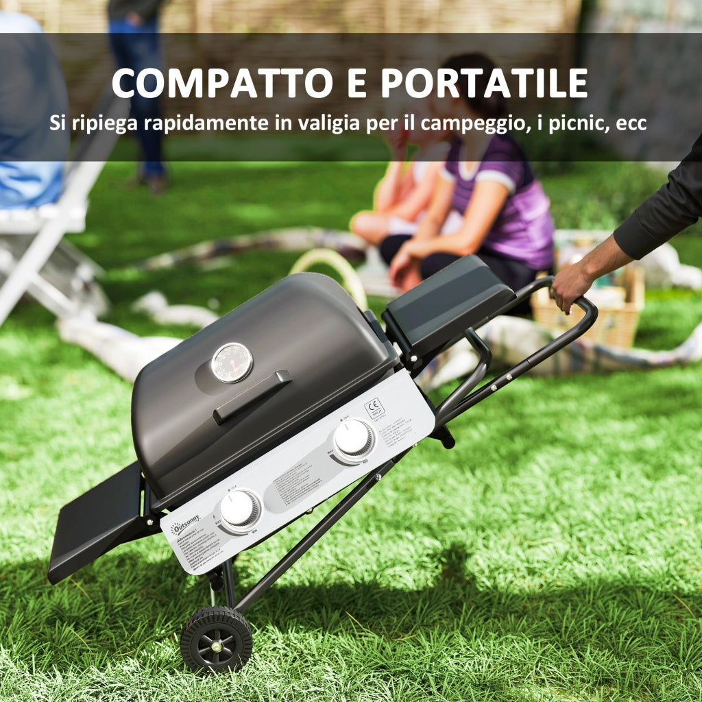 Barbecue a Gas Portatile con 2 Bruciatori e 2 Tavolini, Coperchio con Termometro e Ruote, Nero