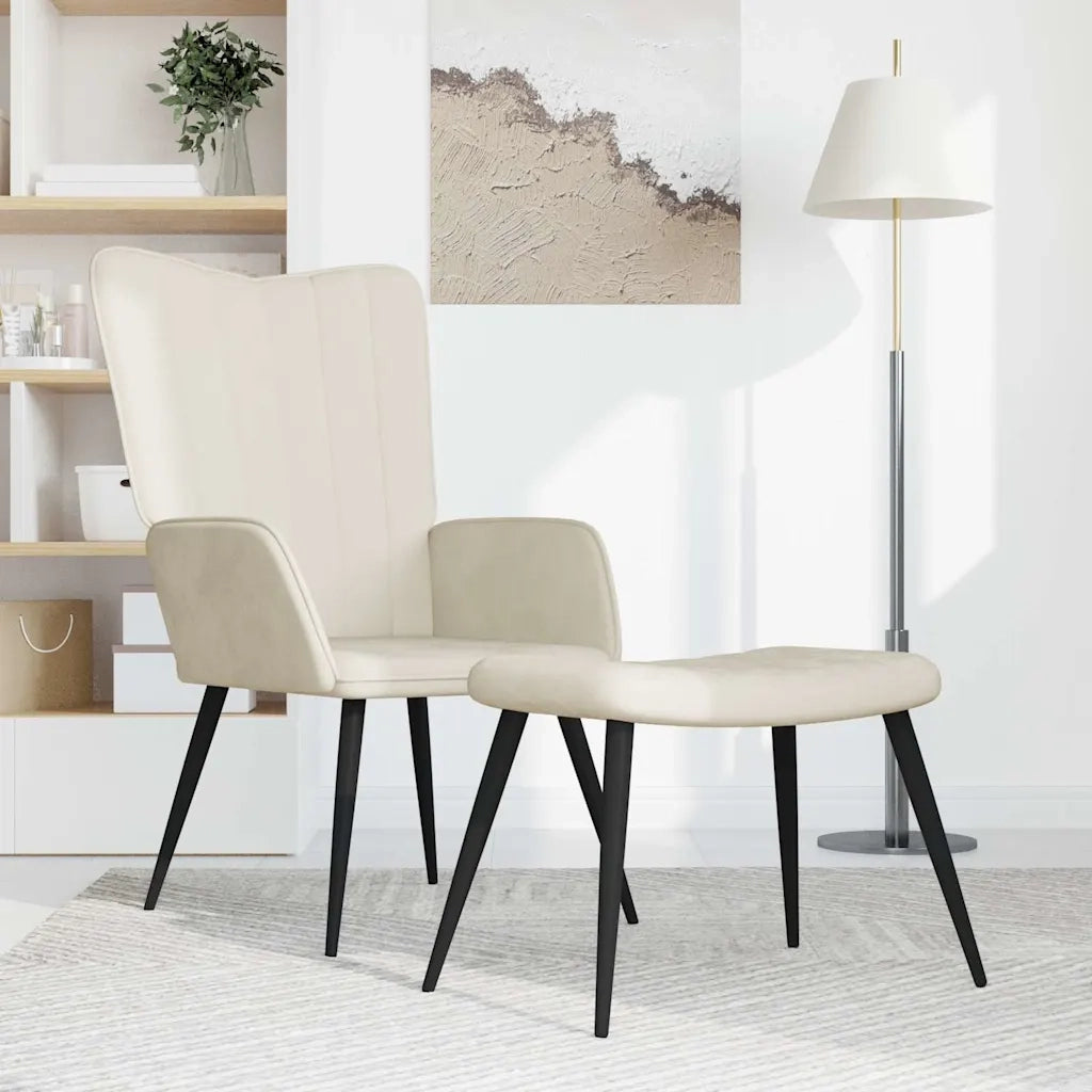 Poltrona Relax con Sgabello Bianco Crema in Velluto 327697