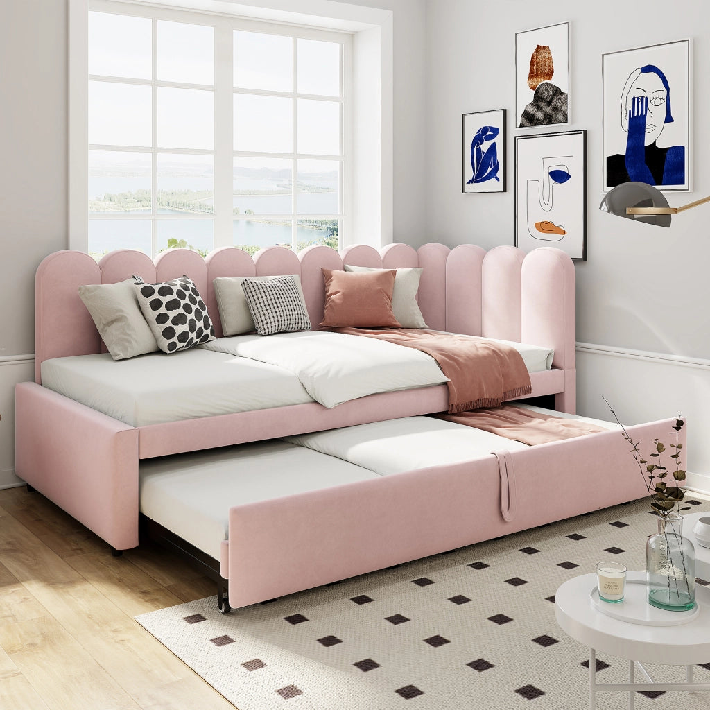 Divano letto estraibile a L 90x200/180x200 cm in velluto rosa con letto supplementare