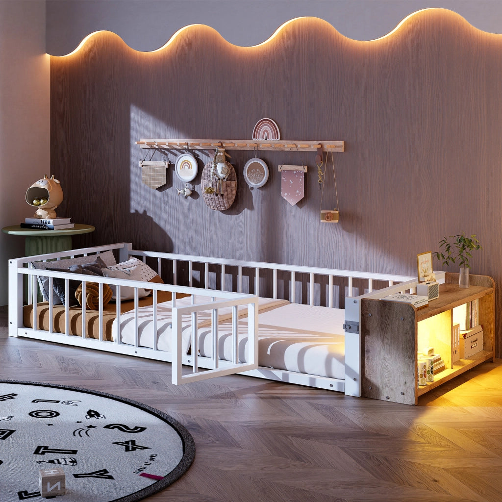 DESMIU Letto per bambini 90 × 200 cm con sponda di sicurezza, vano aperto e LED, senza materasso, bianco
