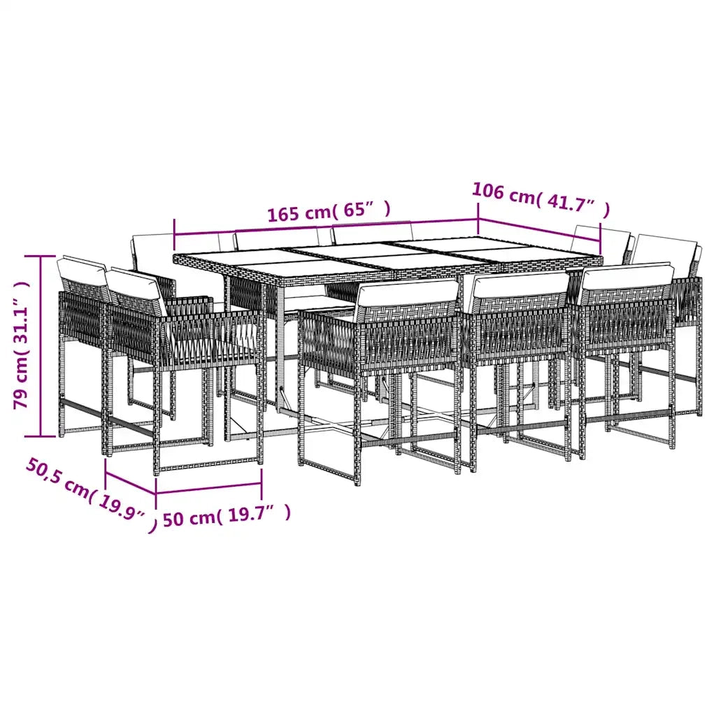 Set da Pranzo da Giardino 11 pz con Cuscini Polyrattan Marrone