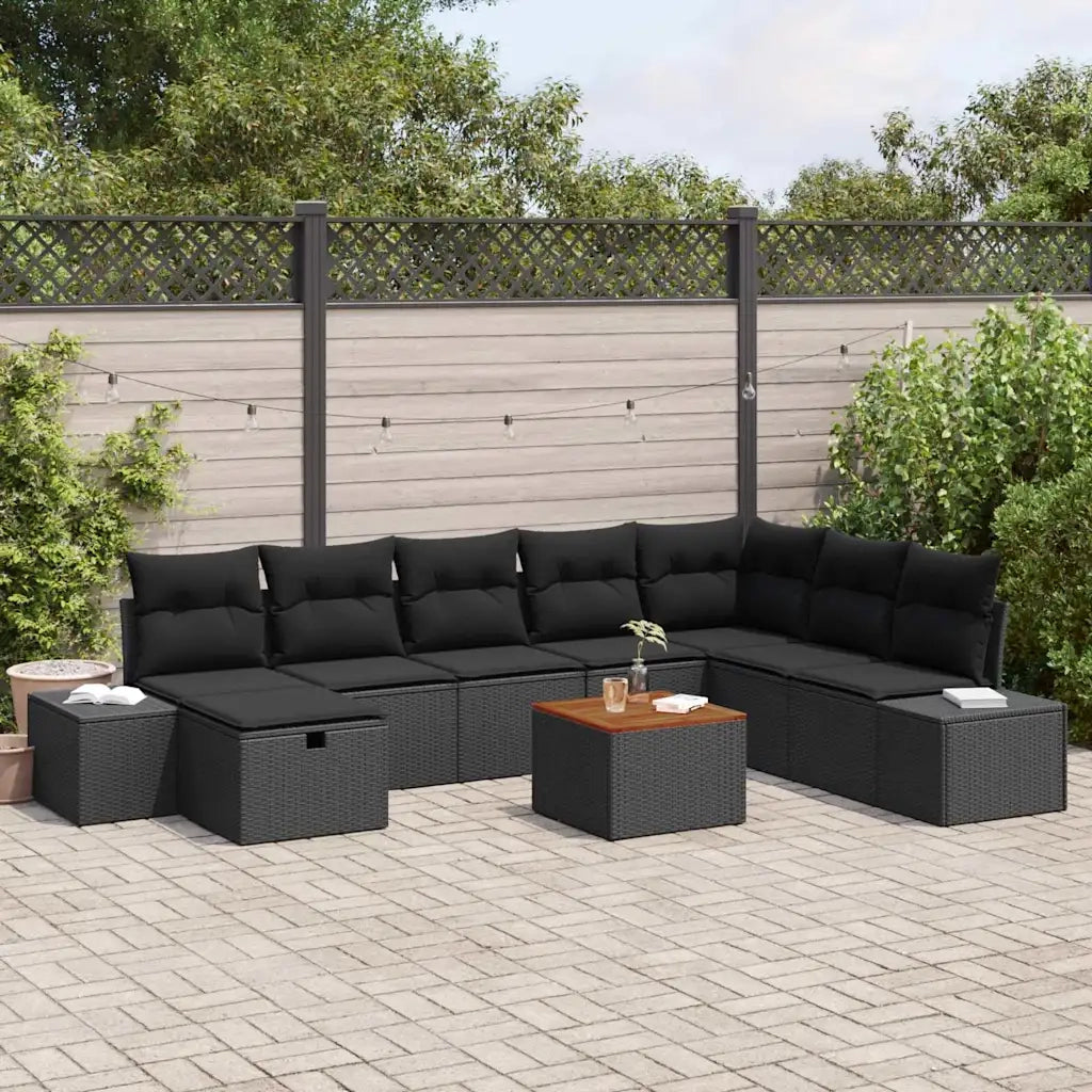 Set Divano da Giardino con cuscino 9 pcs Nero polyrattan