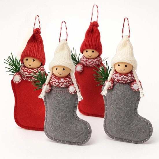 Set di 4 decorativi appesi per Natale - Regalo con confezione speciale - Materiale velluto e legno - Altezza 17 cm - Decorazione natalizia