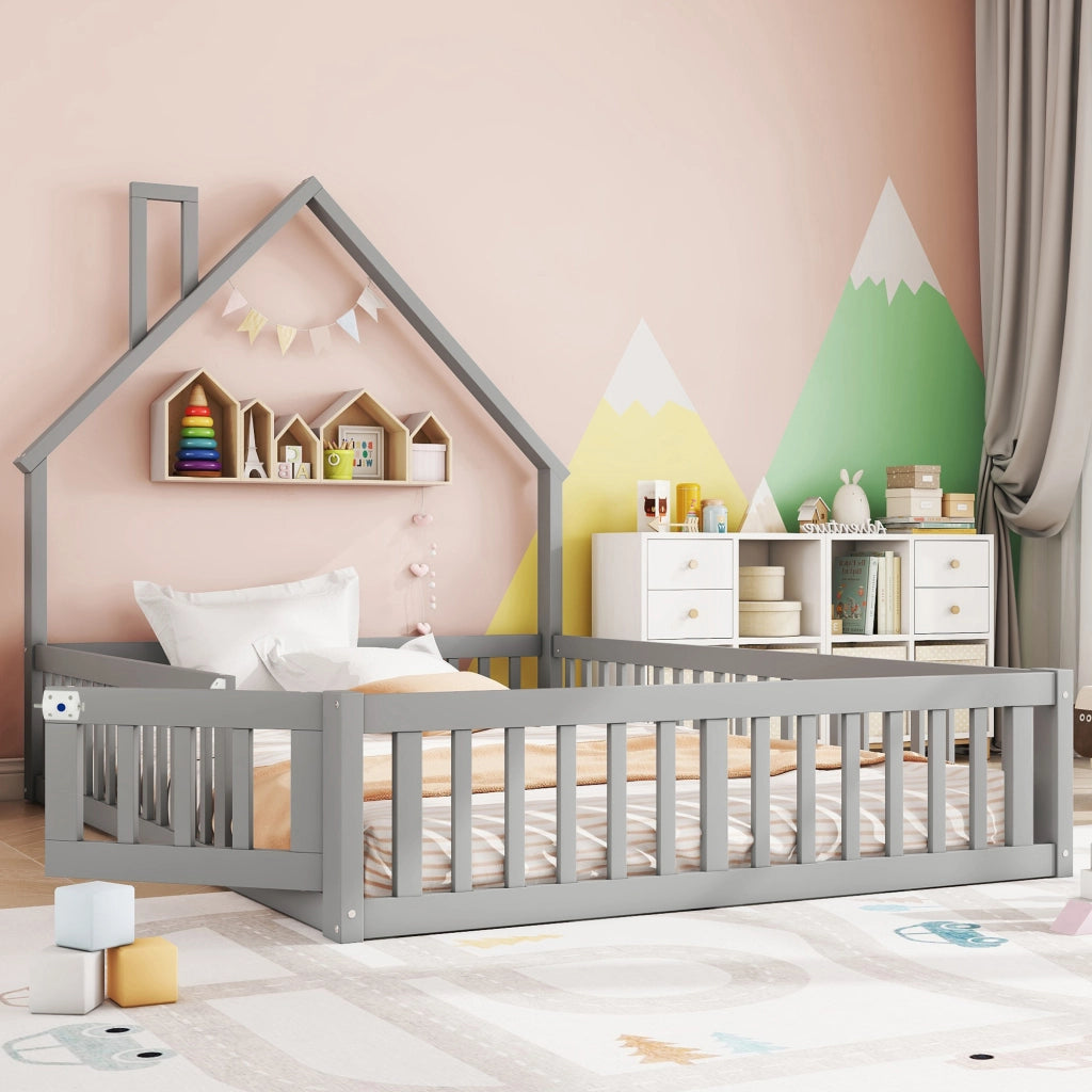 Letto per bambini 140 x 190 cm con forma camino, rete a doghe, grigio