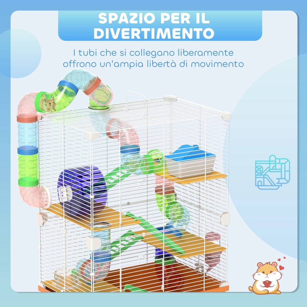 Casetta per Criceti a 5 Livelli con Tubi, Ruota e Scala ¨C Zephmum ¨C 46x30x58 cm Arancione