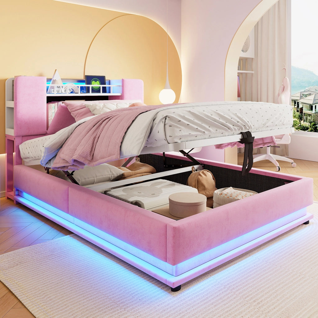 Letto imbottito per bambini 90x200 cm con LED, USB e contenitore idraulico, velluto rosa