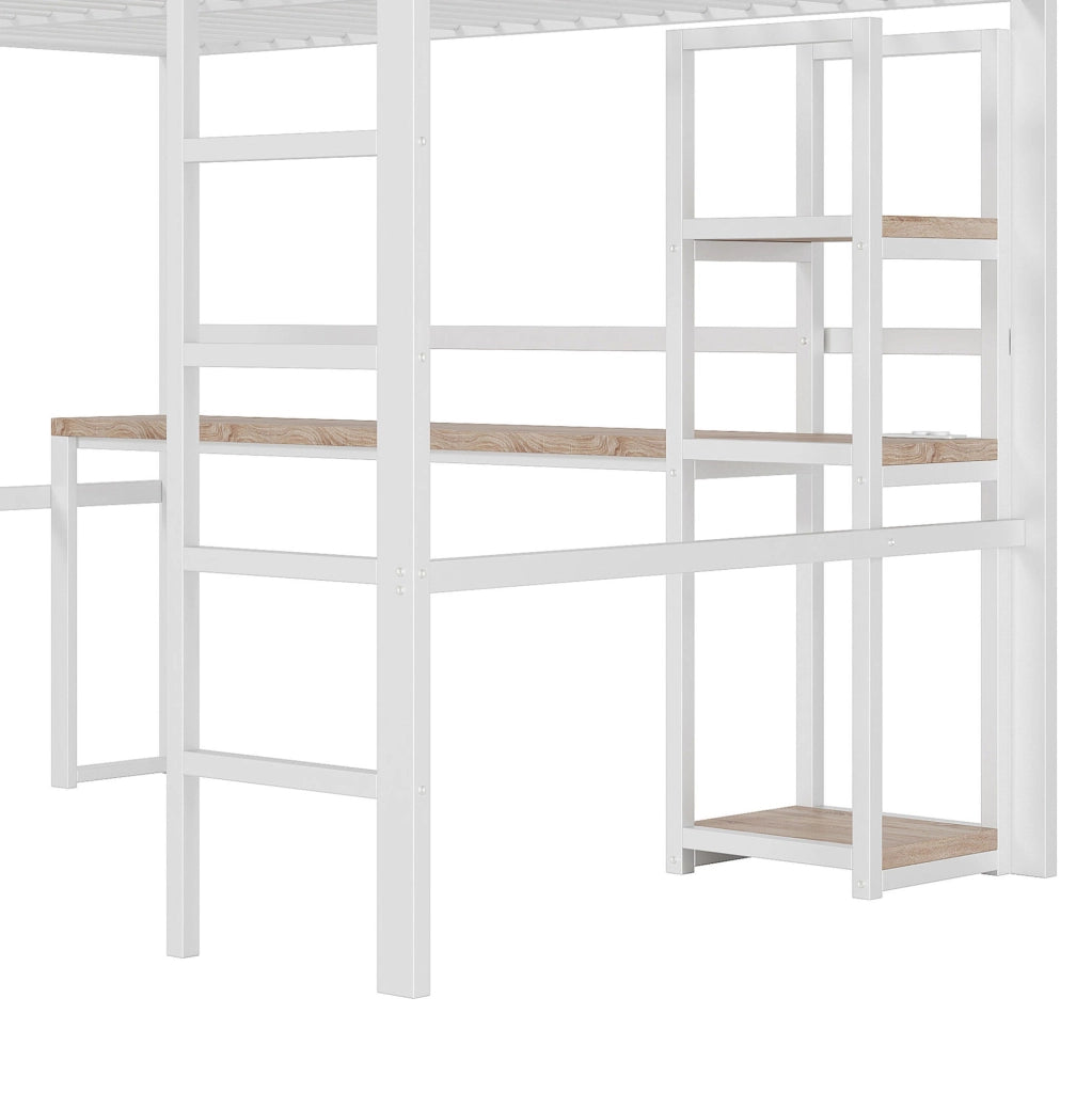 Letto a soppalco 140x200 cm con scrivania, ripiani e prese USB Type-C