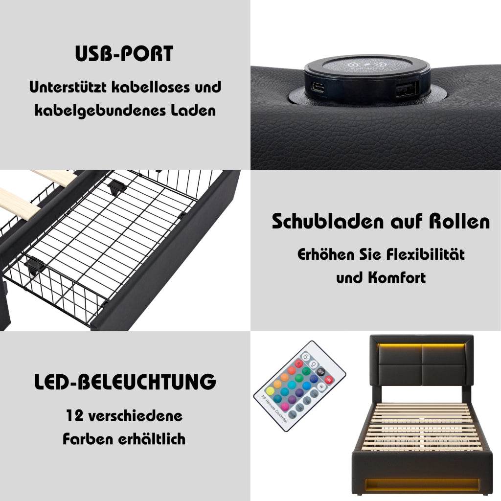 LETTO imbottito 90x200 cm nero in PU con USB, LED e 4 cassetti