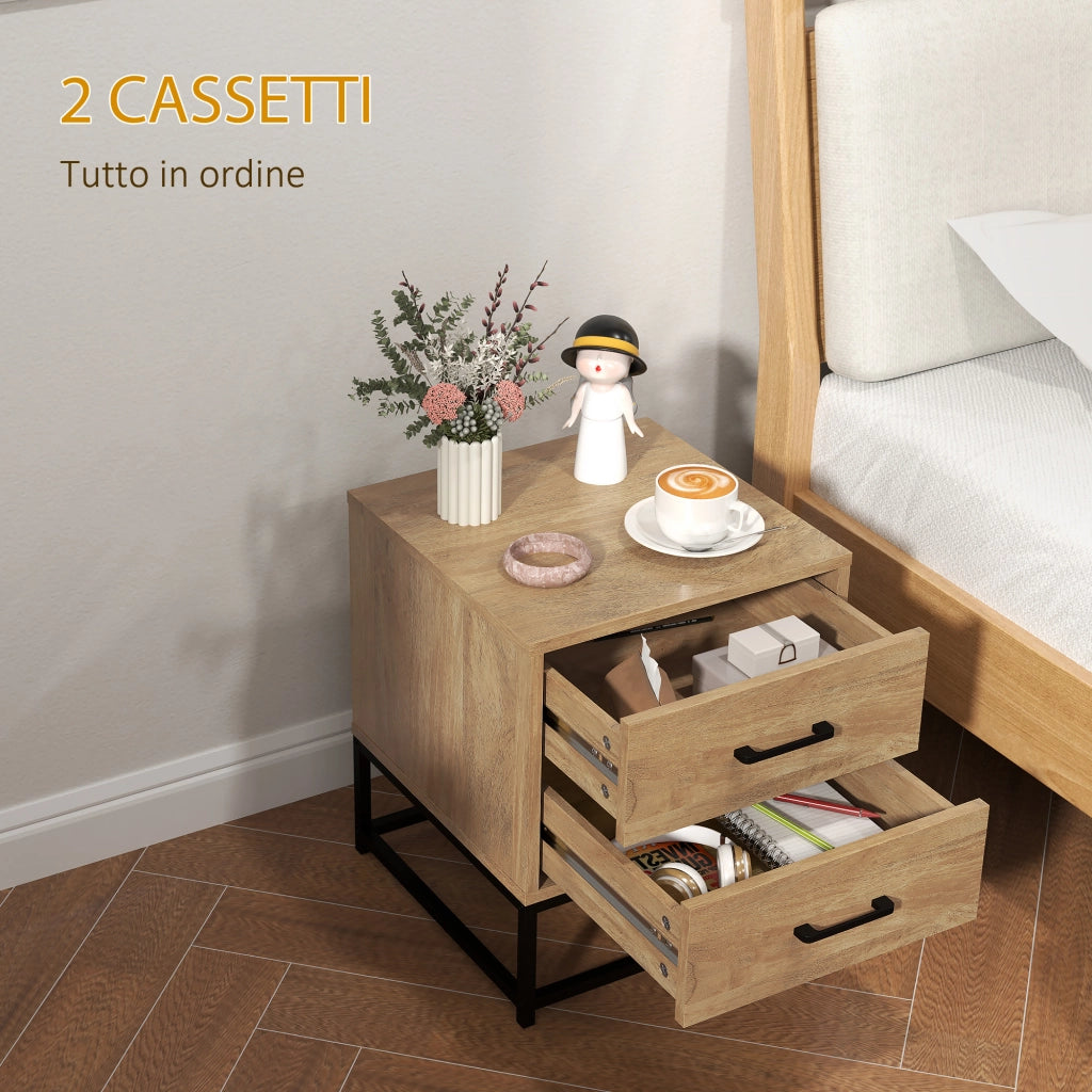 Comodino con 2 Cassetti Stile Industriale ¨C Minimal ¨C Legno e Acciaio