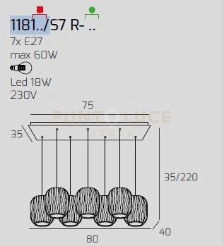 SOSPENSIONE OTTONE SAT. 7 LUCI RETTANGOLARE VETRI 3X TR + 4X AM 1181OS-S7 R-TA