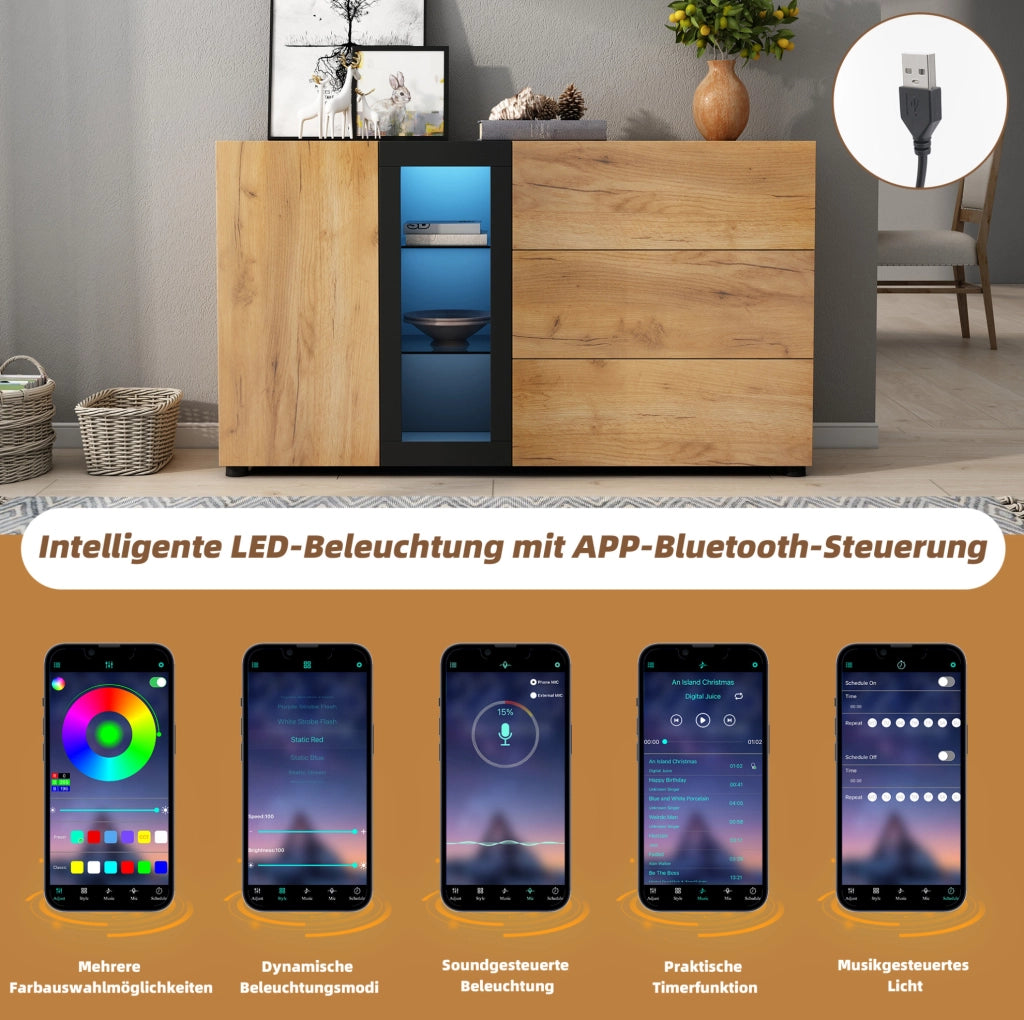 Credenza moderna con LED e controllo APP; 140 x 40 x 80 cm; marrone e nero