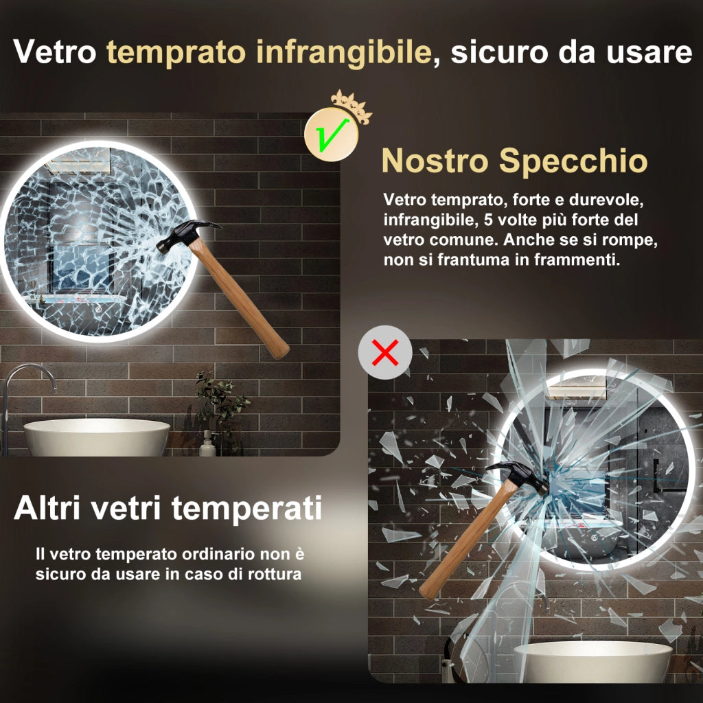 specchio 70 cm rotondo con luce led antiappannamento e touch
