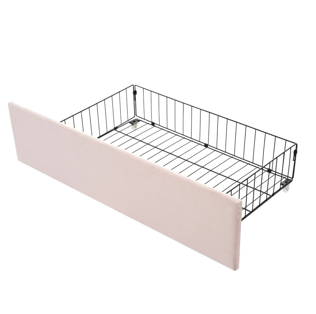 Divano letto singolo imbottito con 2 cassetti; velluto rosa; 90x200 cm
