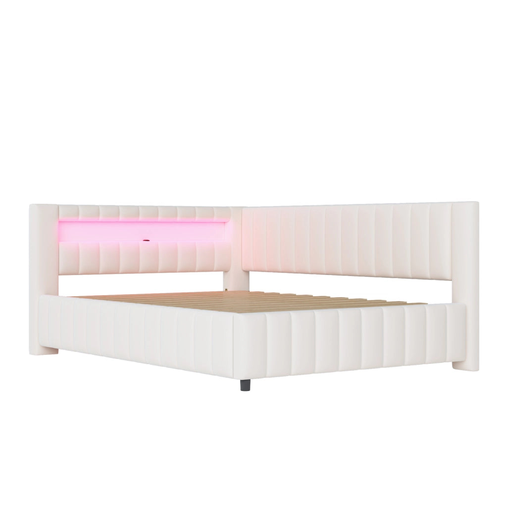 Letto imbottito 140x200 con LED e USB in velluto beige