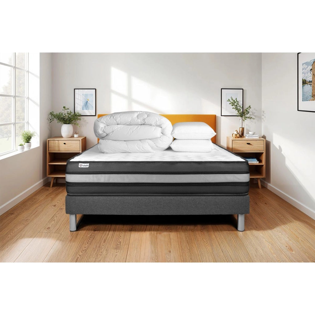 Pacchetto letto completo - Materasso 140x190cm + Box spring con doghe (kit) + 2 cuscini + Piumino - Vital Power Zen