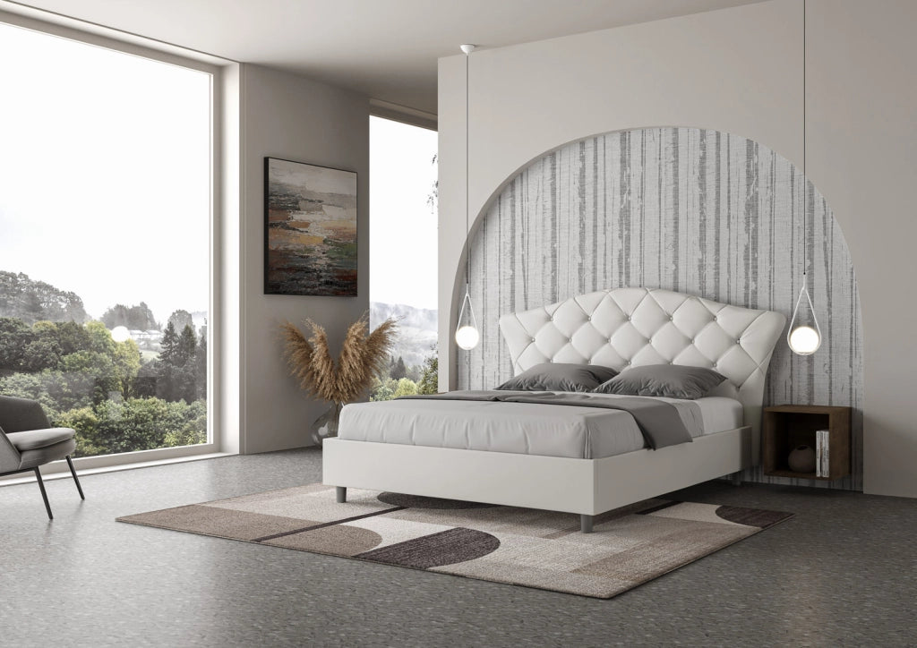 BS COM Letto matrimoniale con rete imbottito 160x190 similpelle bianco