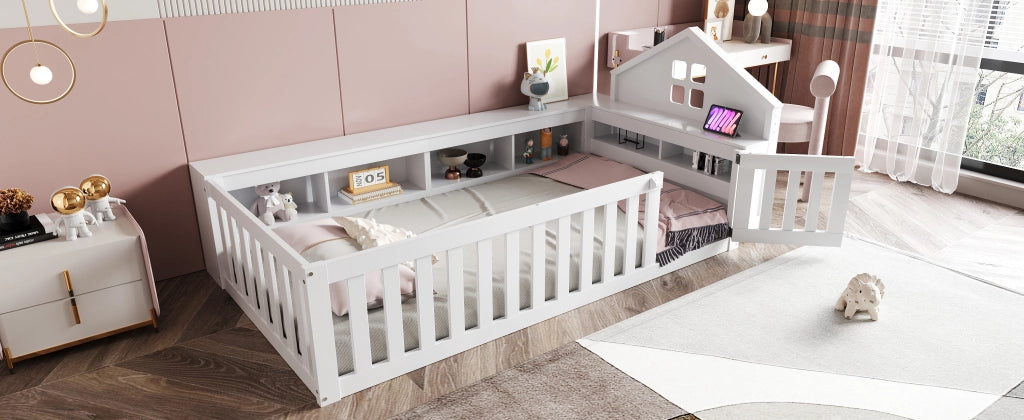 DESMIU Letto per Bambini Singolo con Contenitori, Sponde e Porta, 90 × 200 cm, Senza Materasso, Legno Massello, Bianco