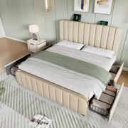 LETTO matrimoniale 140x200 cm in lino beige con USB Type-C e 4 cassetti