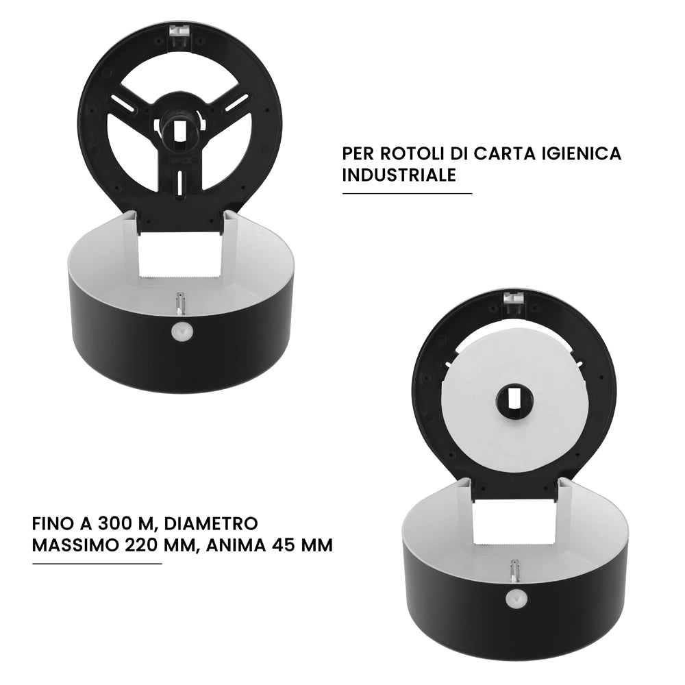 Distributore di carta igienica a rotoli fino a 300 mt in ABS nero