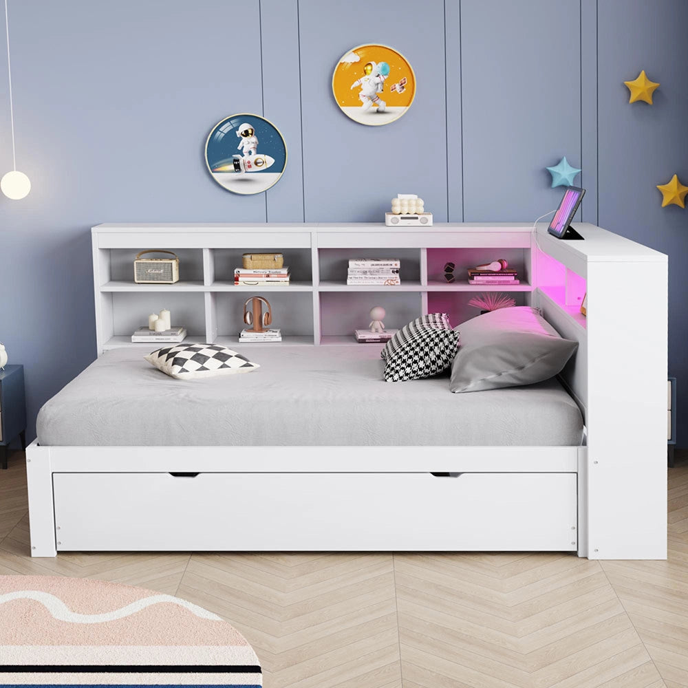 Divano in legno 90x200cm - Xylo - bianco, LED USB, scomparti, spazio
