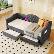 LETTO Daybed 90x200 cm in Lino Grigio con USB Type C e 2 cassetti