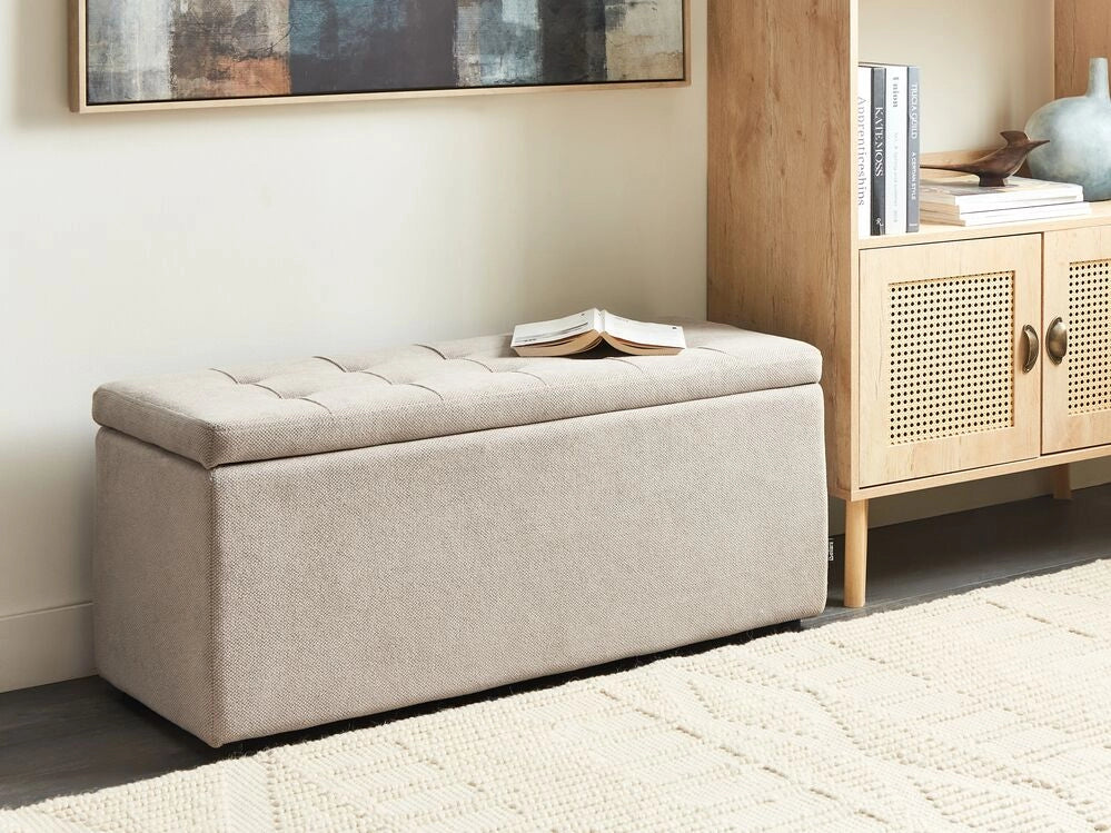 Ottomana Beige 100 x 42 x 40 cm in tessuto poliestere Poggiapiedi imbottito Soggiorno Stile Moderno