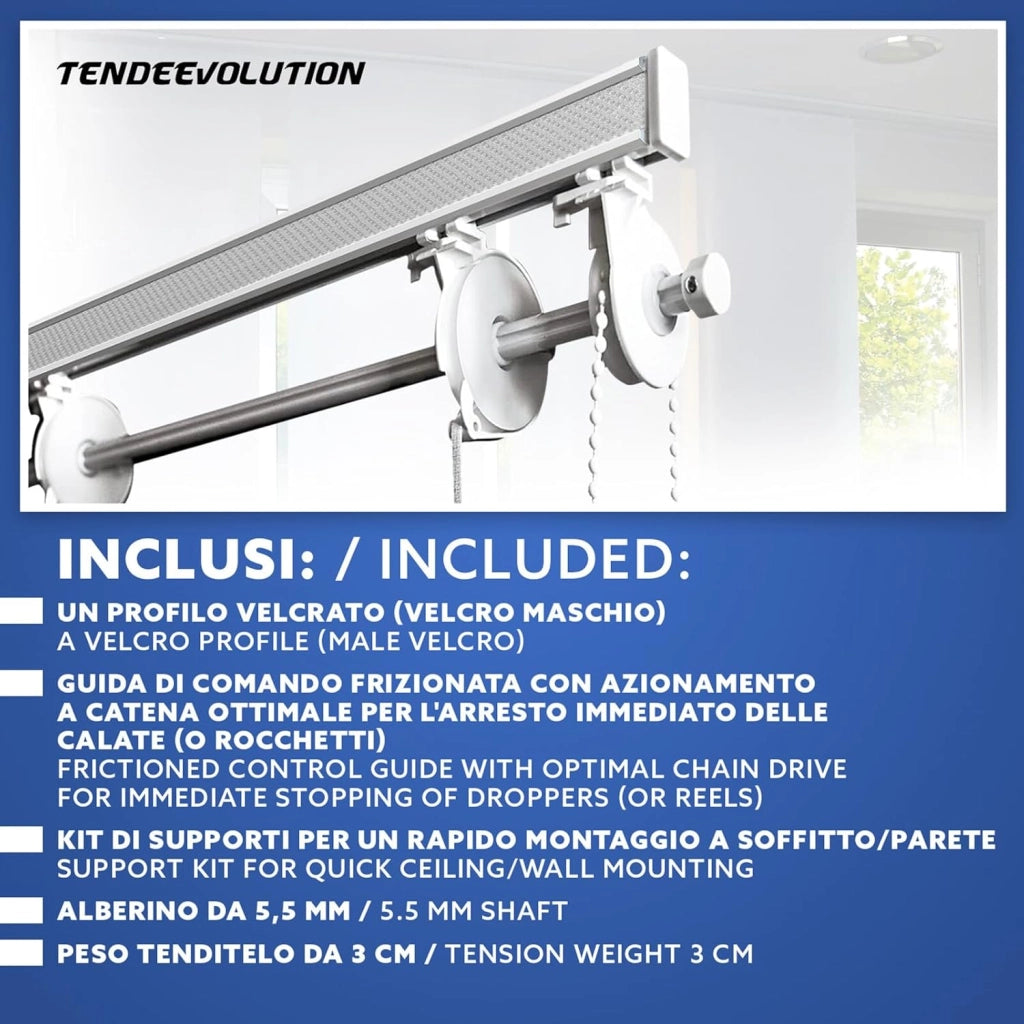 BASTONE BINARIO PER TENDA A PACCHETTO CON 10 CALATE A SGANCIO RAPIDO IN ALLUMINIO BIANCO LUNGHEZZA 280 CM Attacco Soffitto COMANDO A SINISTRA