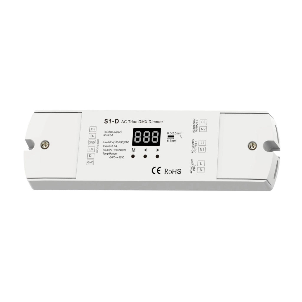Dimmer DMX512 Triac 2 Canali per Lampade LED Dimmerabili 220V Taglio di Fase, Driver Triac, Alogene e Incandescenza, 1A/CH, RDM, S1-D